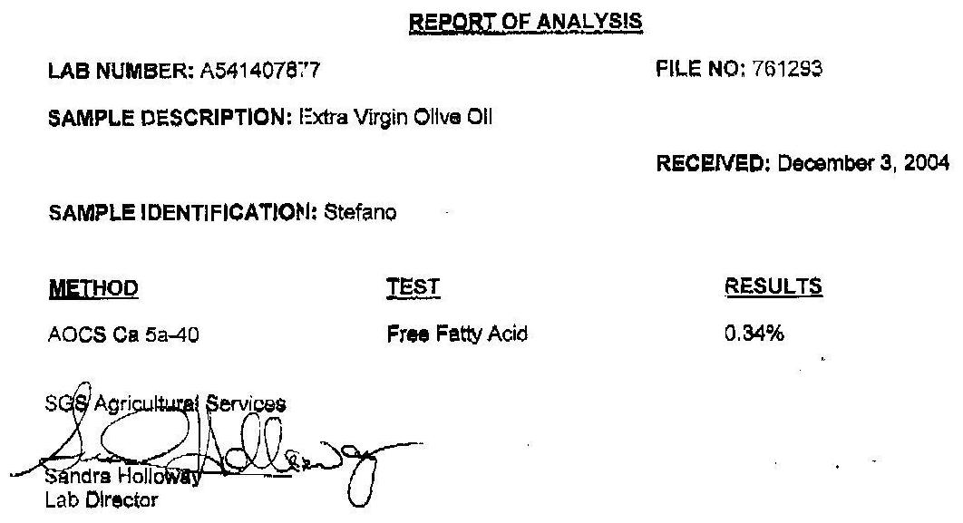 Olio Extra Vergine di Oliva - Donna Cecilia - Risultati test acidit� effettuati in USA